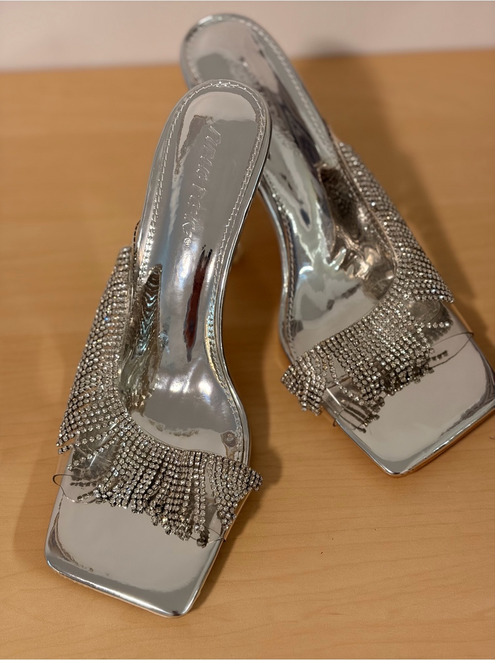 Public Desire Silver Rhinestone Fringe Square Toe Mules - Size 7